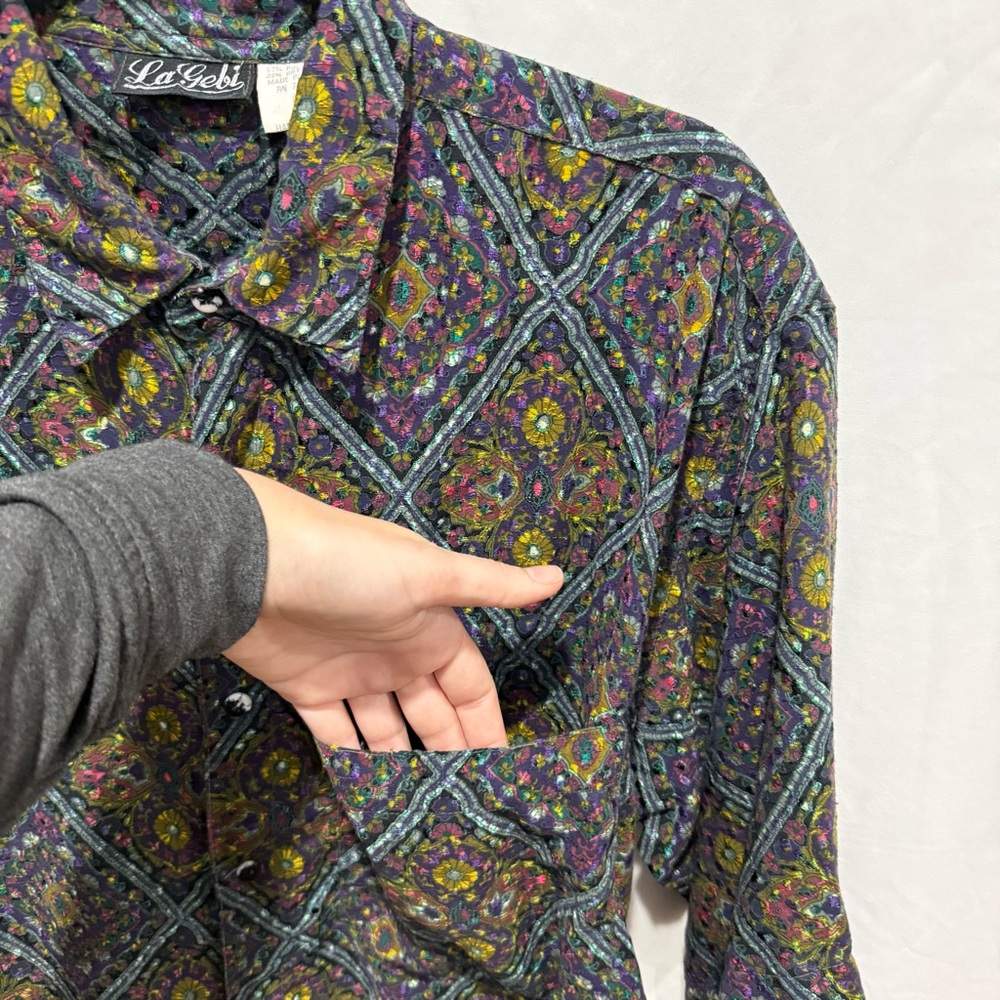 LaGebi Vintage Geometric Tapestry Print Button Up Shirt M Retro Festival Atrsy - Picture 6 of 11